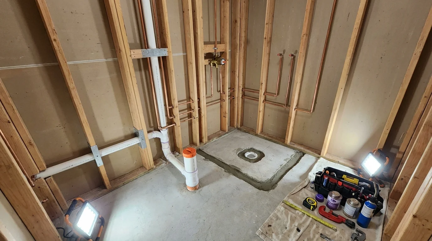 Bathroom rough-in plumbing during remodel by Johns Plumbing LLC in Red Bud