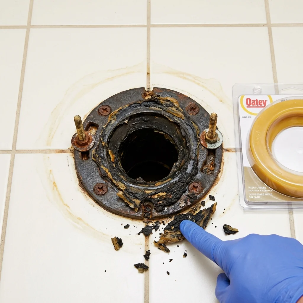 Failed wax ring showing water seepage at the base of a toilet in a Red Bud, IL home